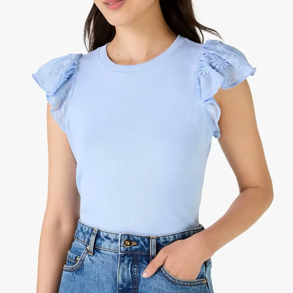 NWOT Kate Spade Mix Media Lace Tee Top Fresh Women’s Small Breeze Blue Ribbed